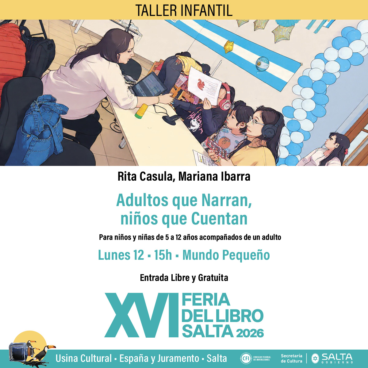 XVI Feria del Libro Salta 2026 - Taller infantil “Adultos que Narran, niños que Cuentan”